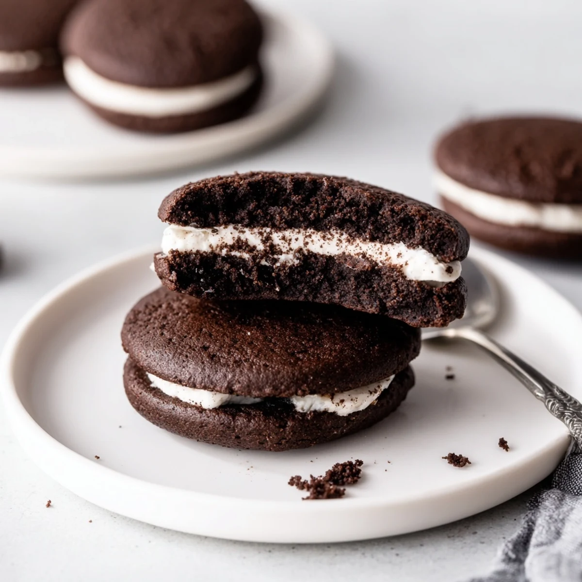 Close-up of Homemade Oreo Style Cookies showing dark cocoa cookies and fluffy filling