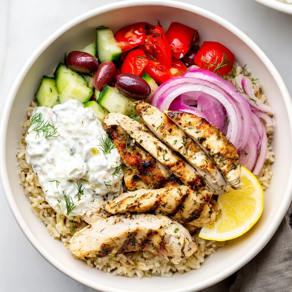 Bright Greek Chicken Bowls layered over herbed rice, tomatoes, cucumber, lemon  