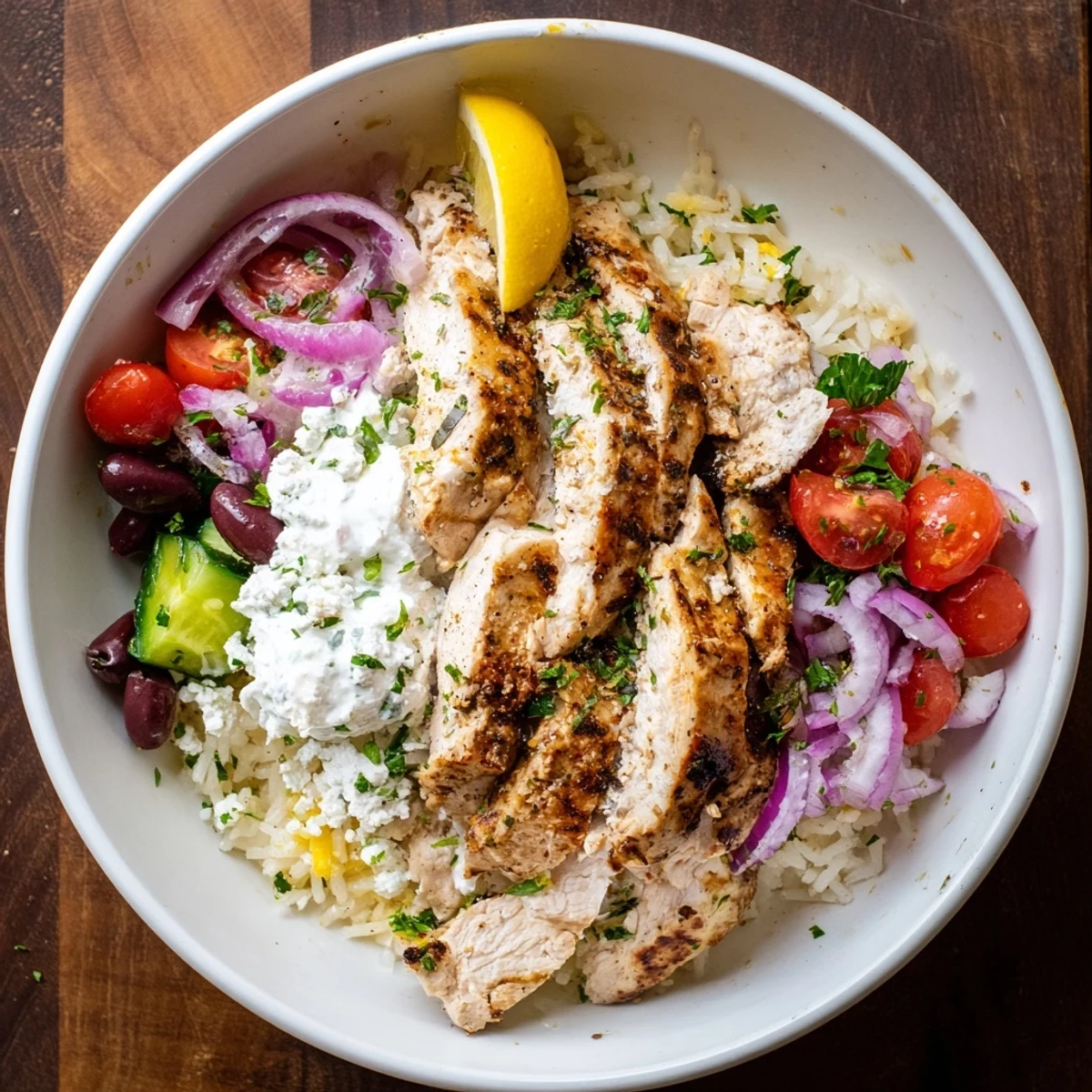 Greek Chicken Bowls with juicy grilled chicken, tangy tzatziki, and feta  