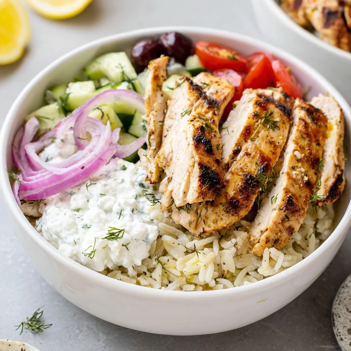 Homestyle Greek Chicken Bowls styled for weeknight dinners, served with warm pita