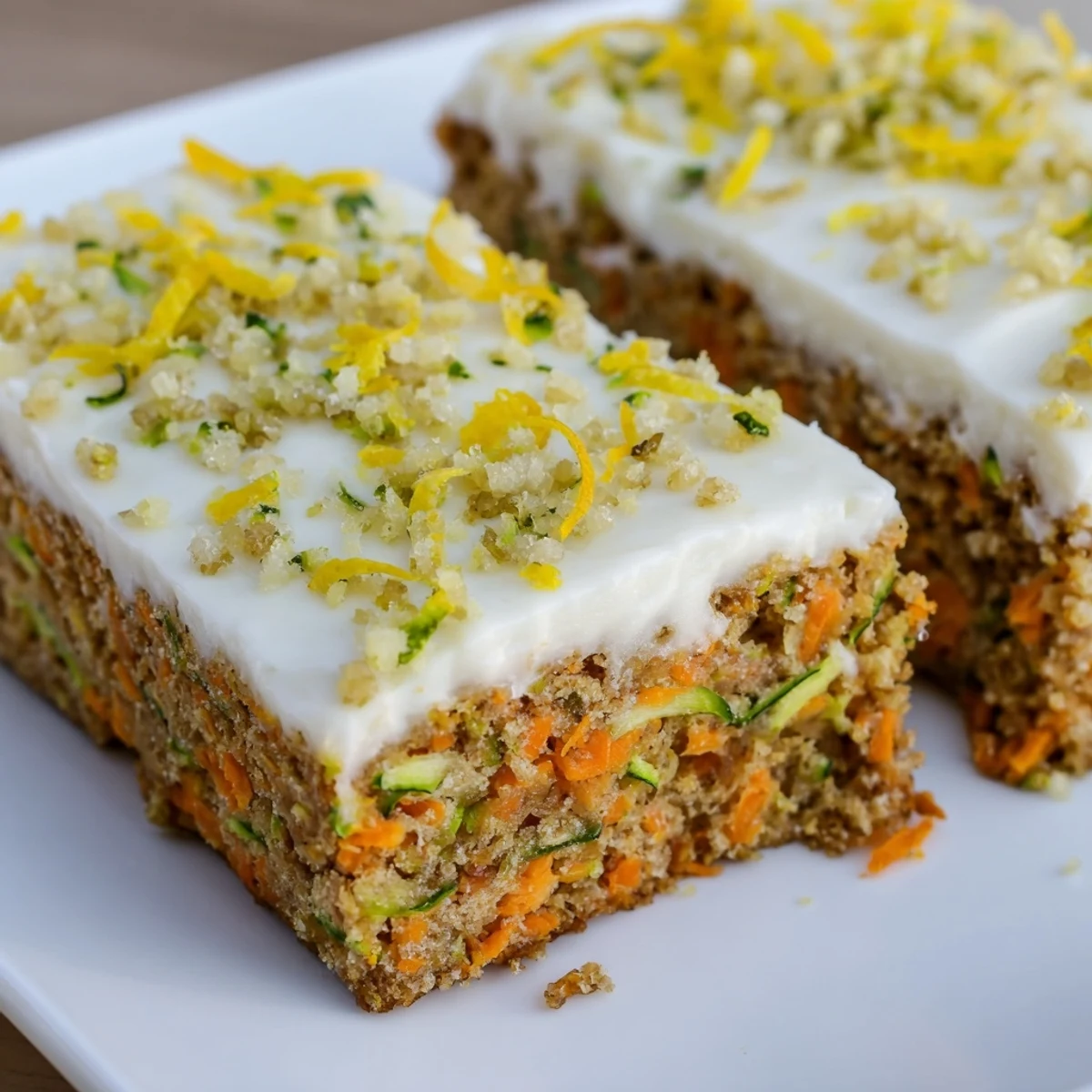 Spiced Ginger Carrot And Zucchini Bars With Lemon Cream Cheese Frosting, served with tea