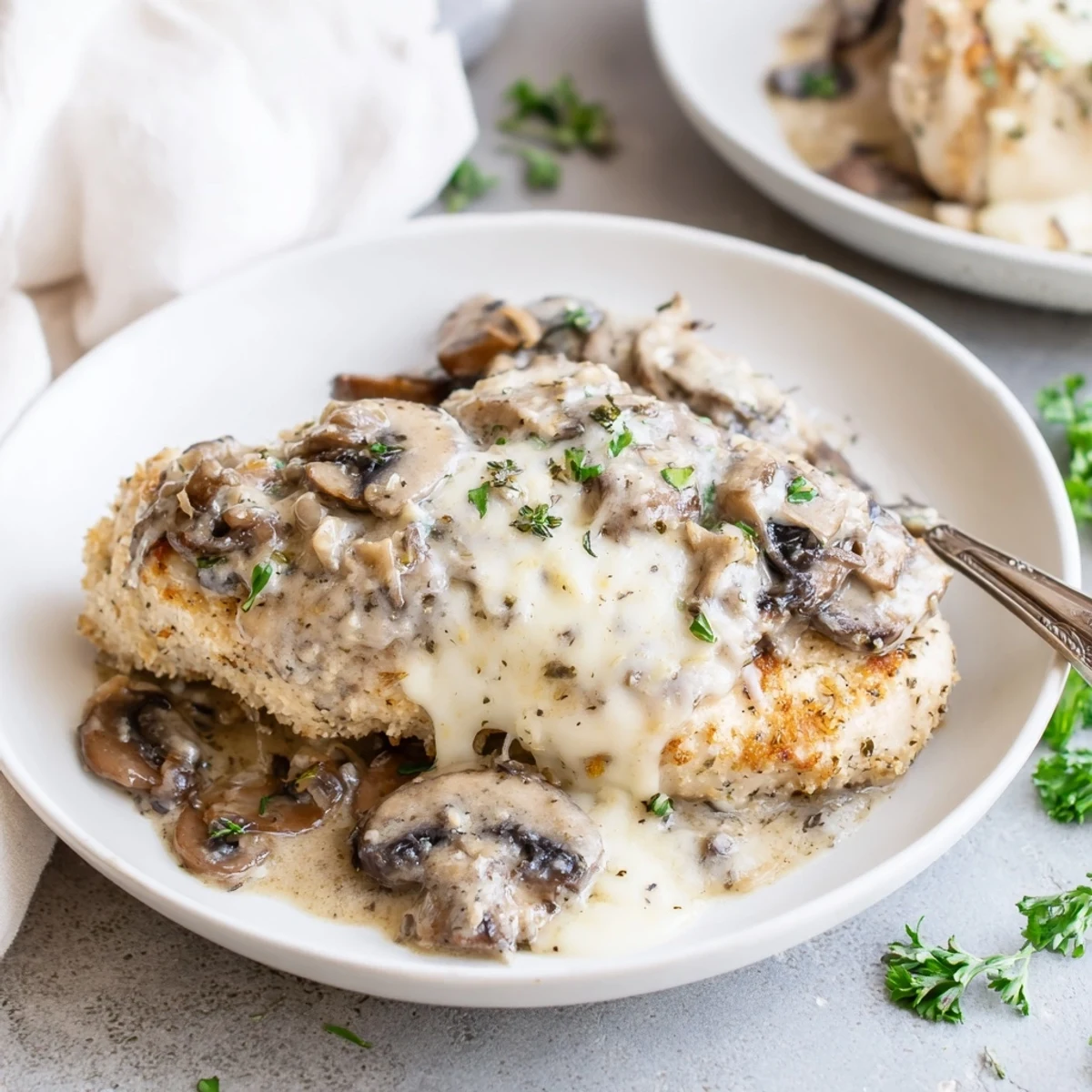 Close-up of Cheesy Chicken Mushroom Bake bubbling with creamy, golden cheese