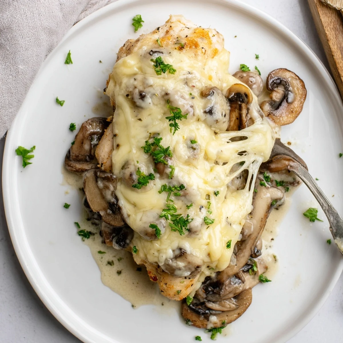 Warm Cheesy Chicken Mushroom Bake served with parsley garnish and mashed potatoes