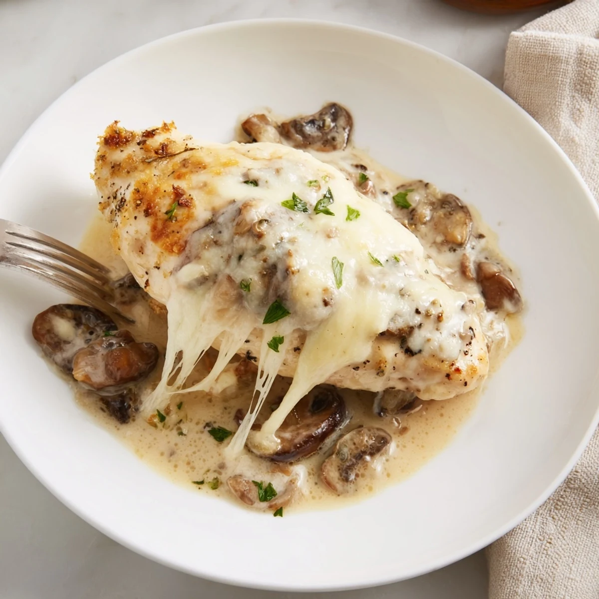 Weeknight dinner Cheesy Chicken Mushroom Bake with sauteed mushrooms and browned top