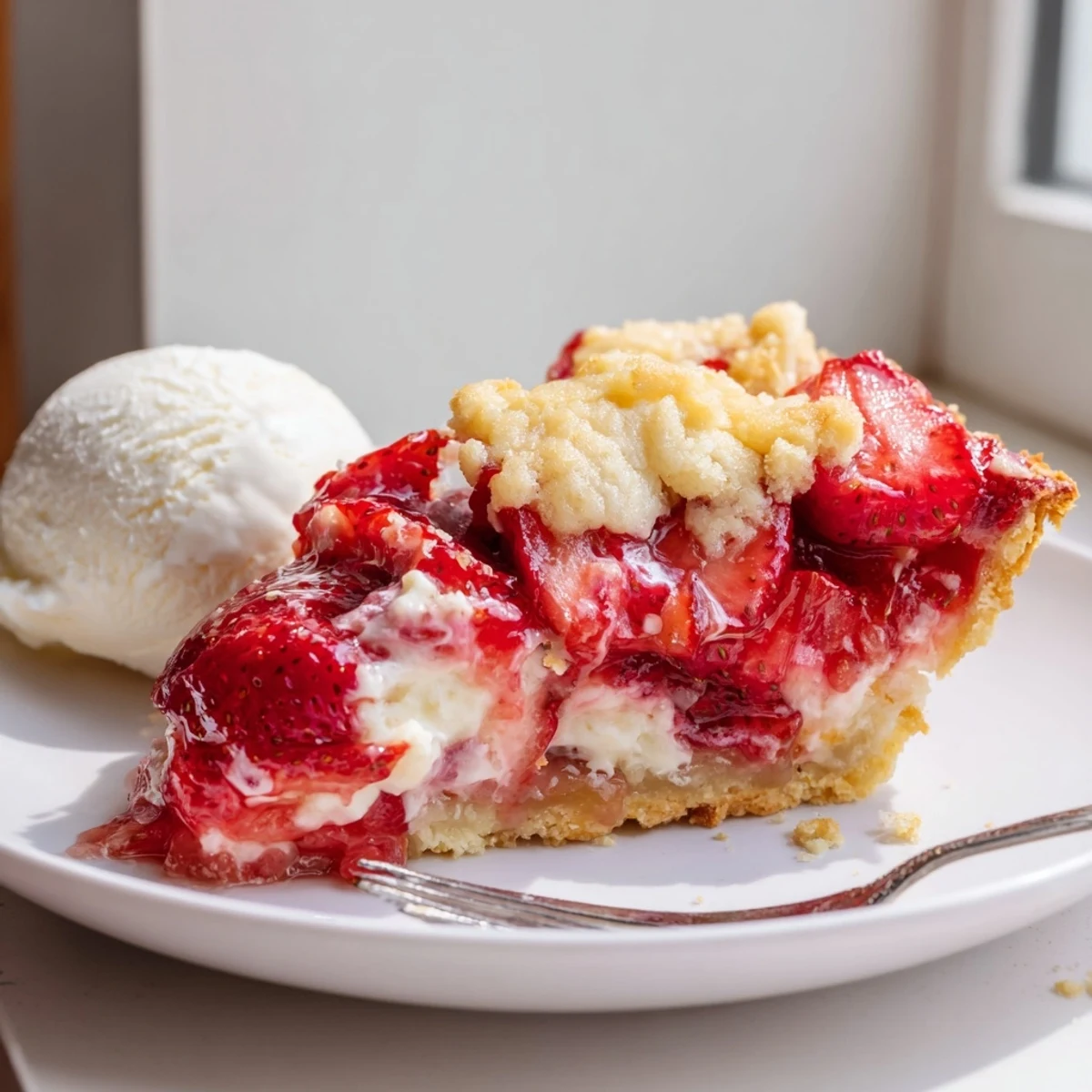 Spoon-ready Strawberry Cheesecake Dump Cake topped with vanilla ice cream melting.