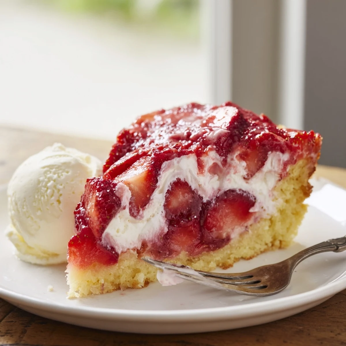 Strawberry Cheesecake Dump Cake bubbling with glossy strawberries, golden crust, served warm.
