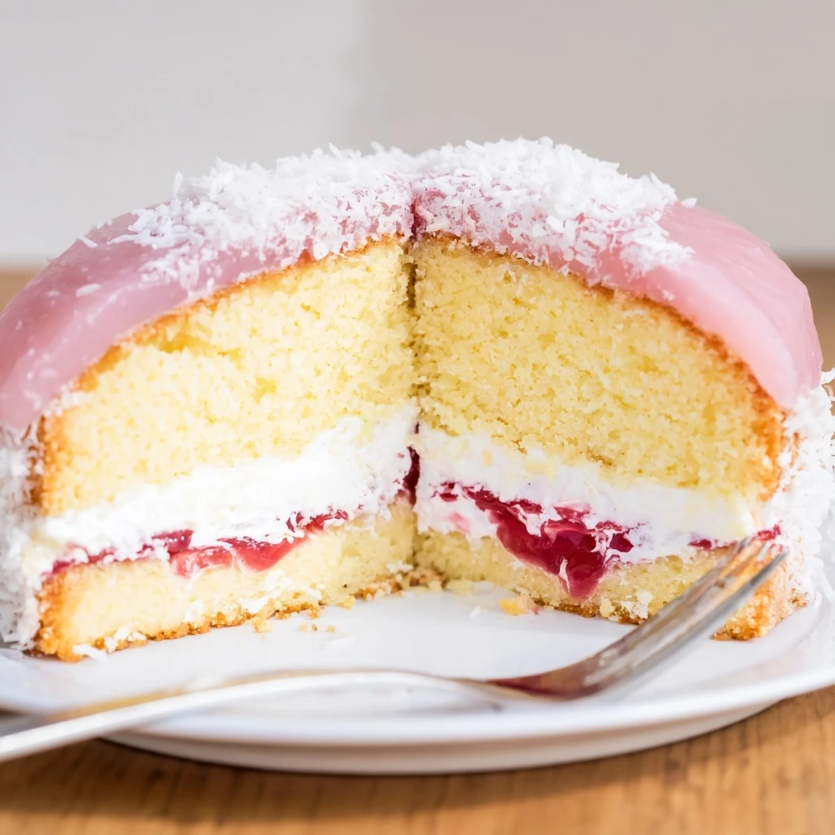 Plate of Old Fashioned Pink Jelly Cakes rolled in coconut, ready for tea