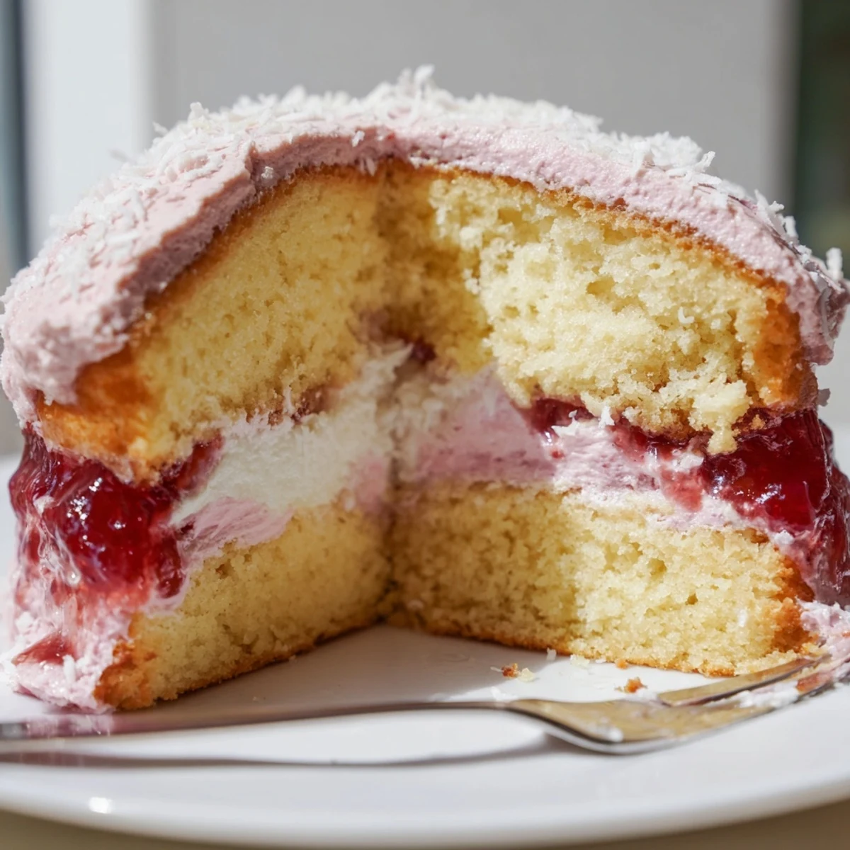 Hands presenting Old Fashioned Pink Jelly Cakes, fluffy sponge and whipped cream