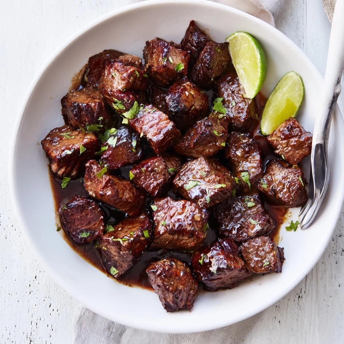 Warm Sweet Spicy Jerk Style Beef Bites served with lime wedges, smoky aroma