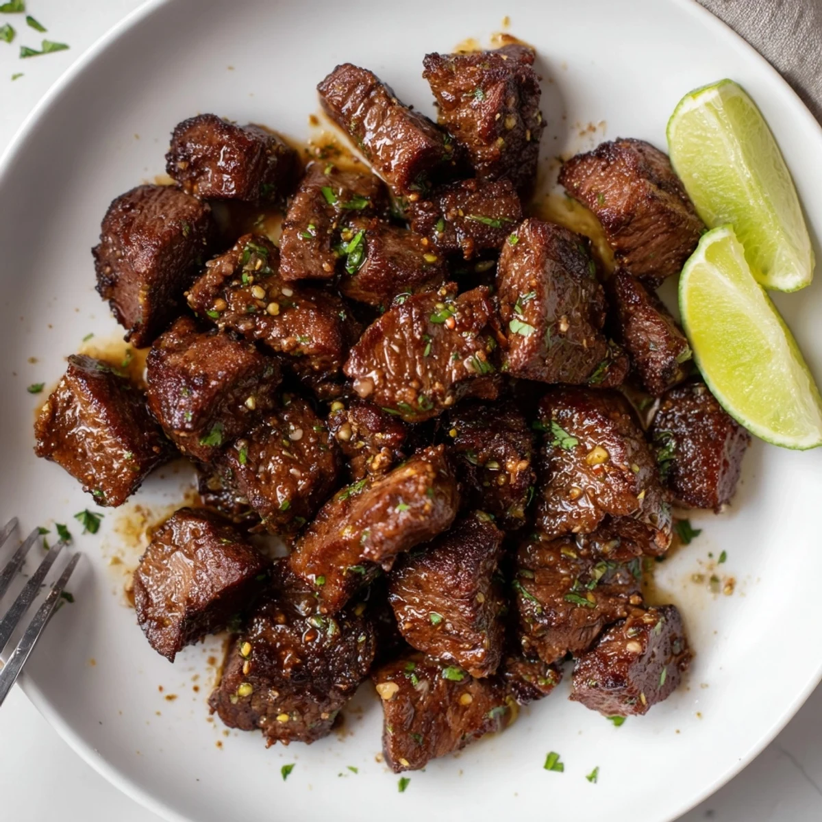 Tender, citrusy Sweet Spicy Jerk Style Beef Bites skewered with zesty lime