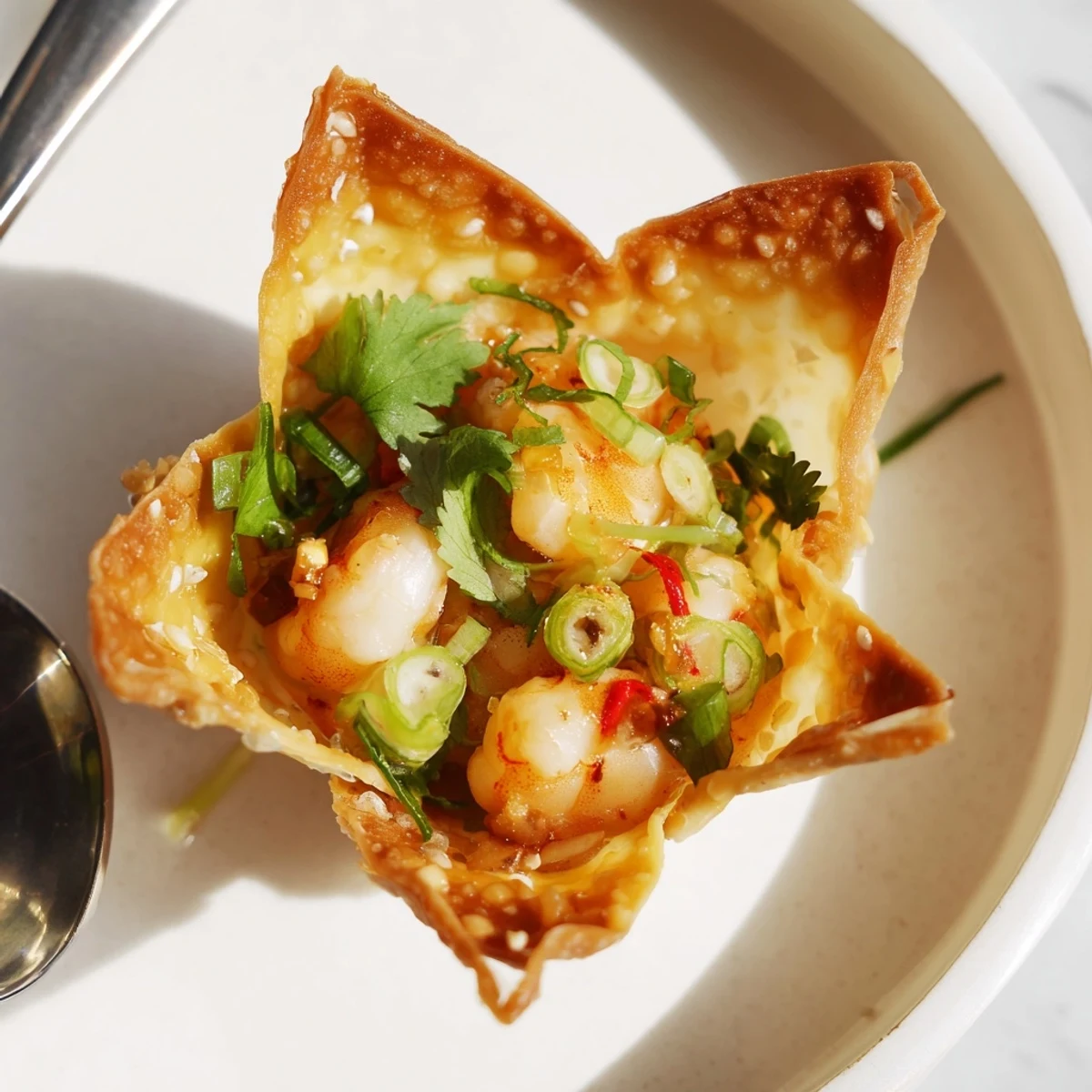 Crispy Shrimp Wonton Cups With Lime Cream on platter, golden, tangy filling.