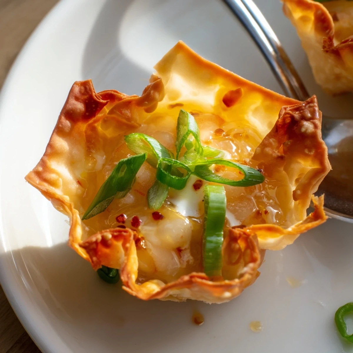 Bite-sized Crispy Shrimp Wonton Cups With Lime Cream served on appetizer tray.