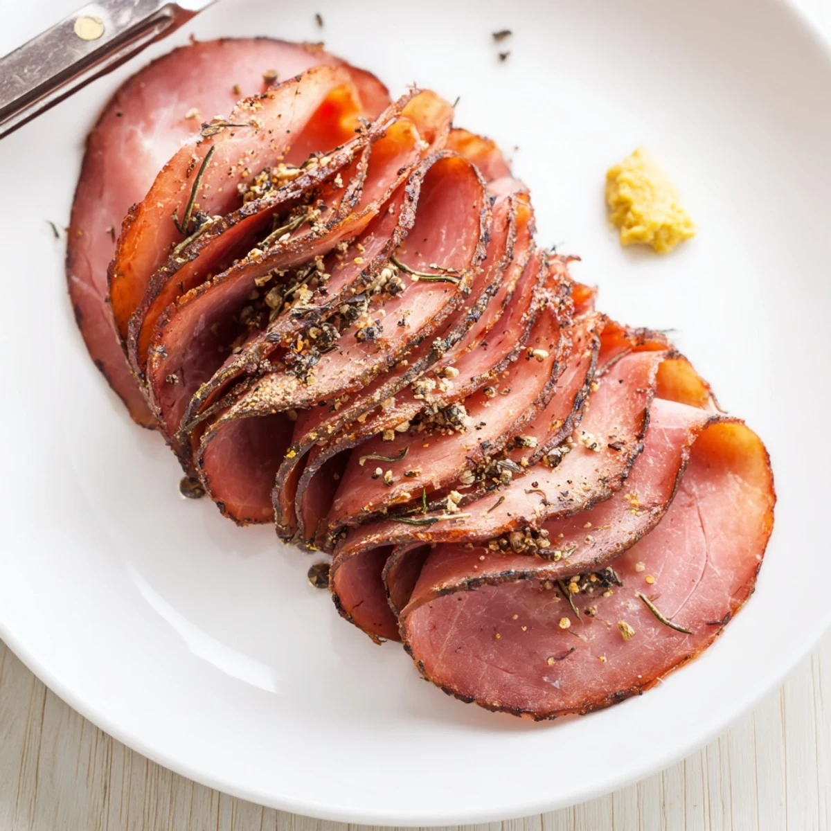 Thinly sliced homemade sandwich deli meat glistening, seasoned, arranged on board