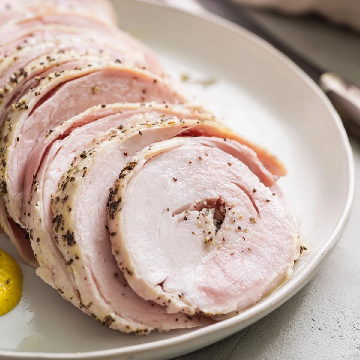 Homemade sandwich deli meat folded into crusty roll with mustard and pickles