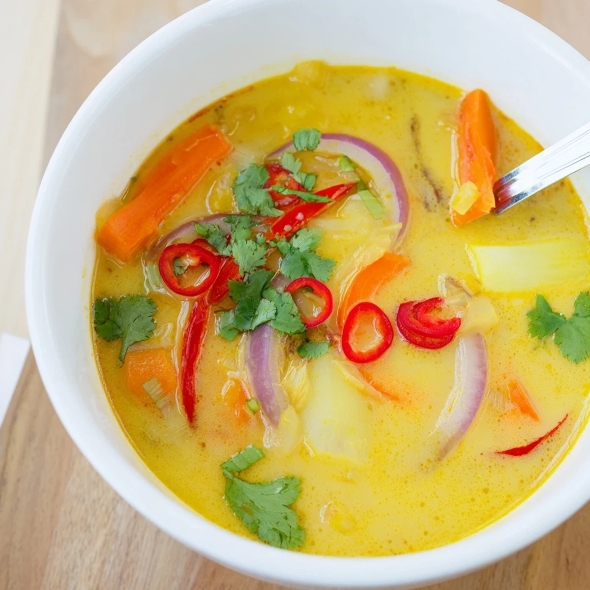 Steaming bowl of Ginger Lemongrass Coconut Soup with cilantro and lime