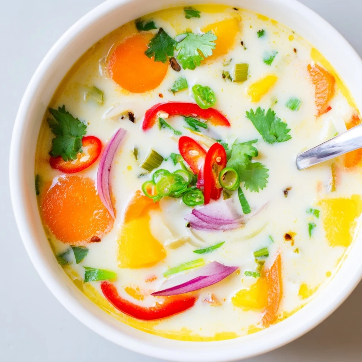 Creamy Ginger Lemongrass Coconut Soup served over rice noodles, chili garnish