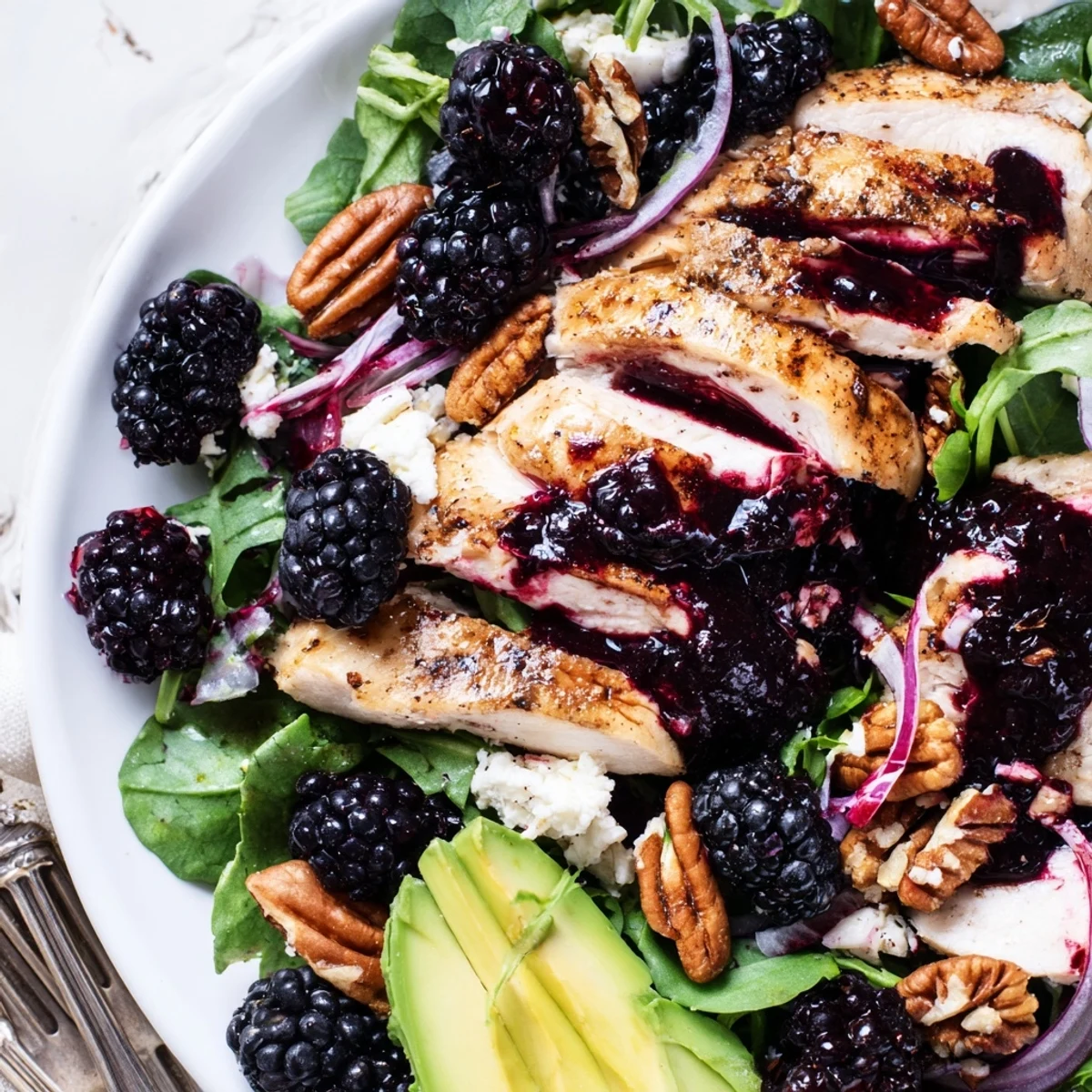 Grilled juicy chicken over mixed greens in Sweet Tangy Blackberry Chicken Salad Recipe