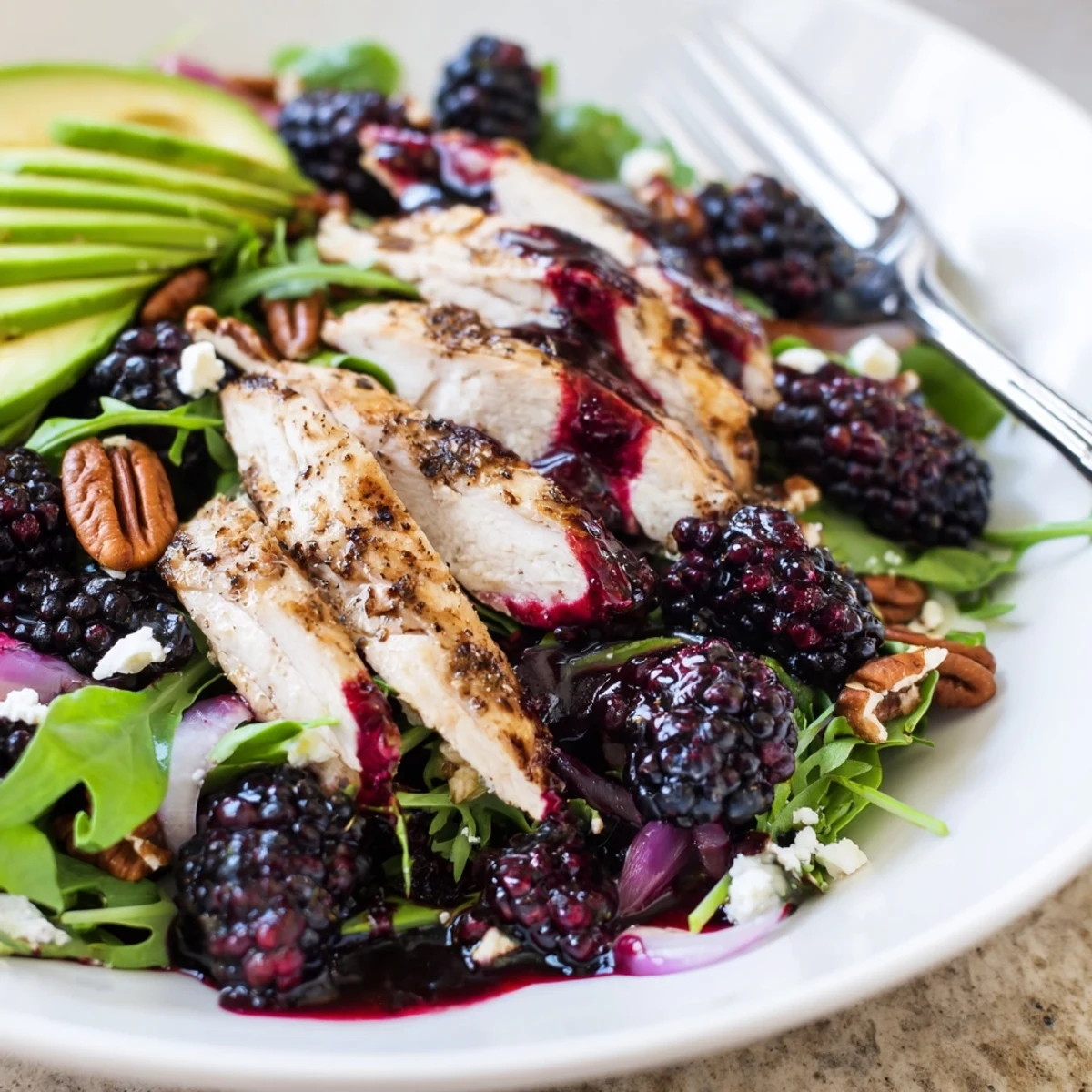 Light summer lunch: Sweet Tangy Blackberry Chicken Salad Recipe with toasted pecans, tangy dressing