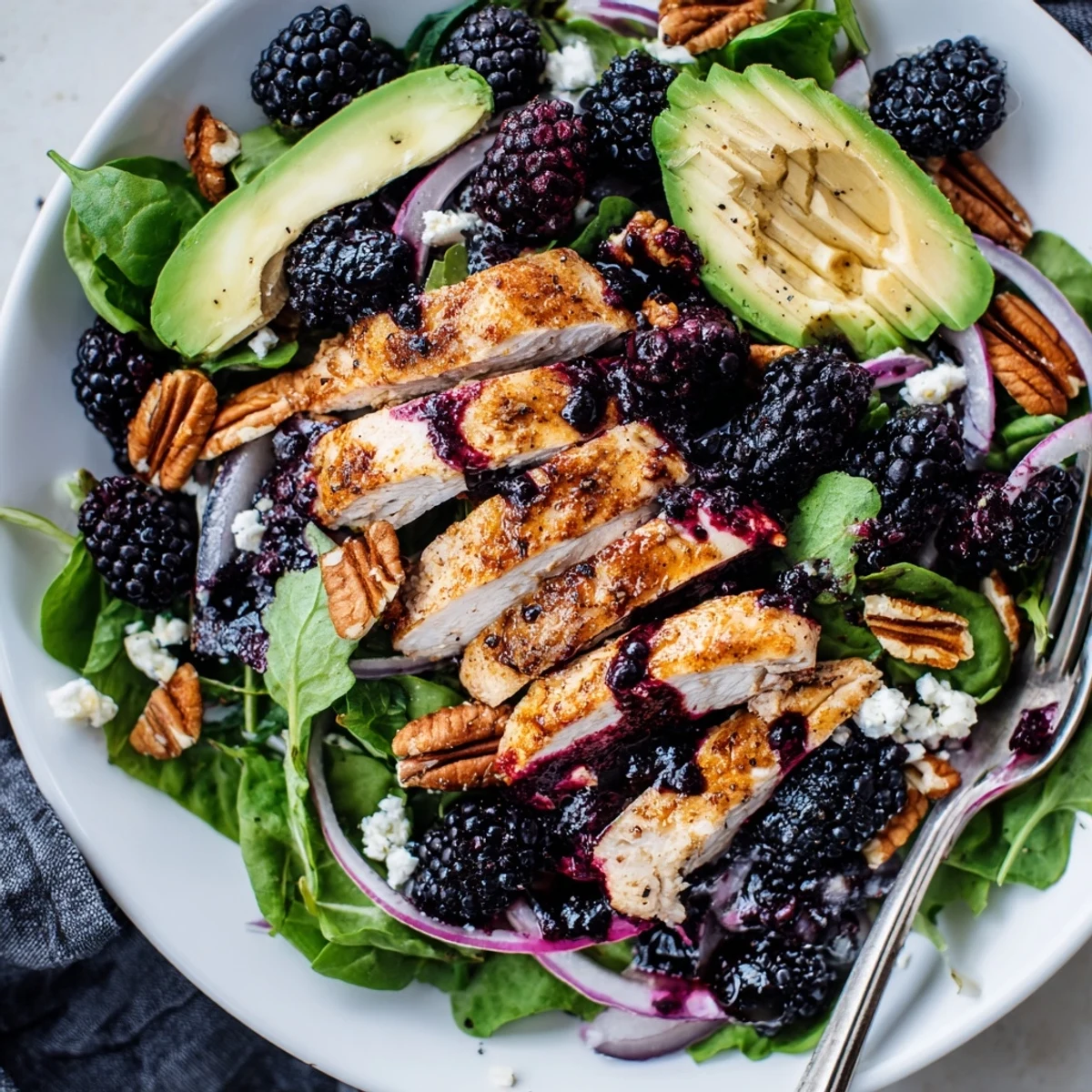 Bright blackberry vinaigrette drizzled on Sweet Tangy Blackberry Chicken Salad Recipe, creamy avocado
