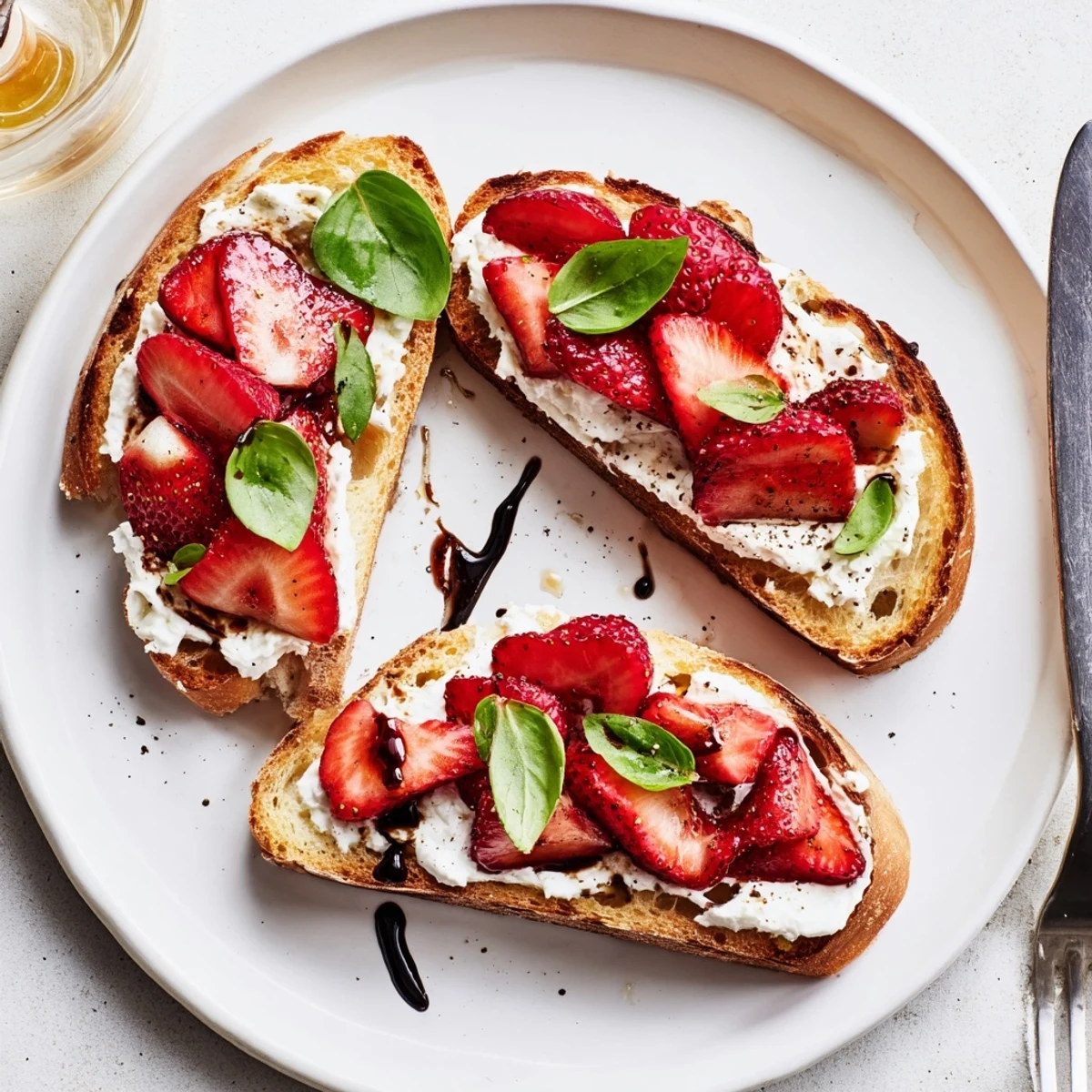Strawberry Ricotta Bruschetta on toasted baguette, creamy ricotta and juicy strawberries.