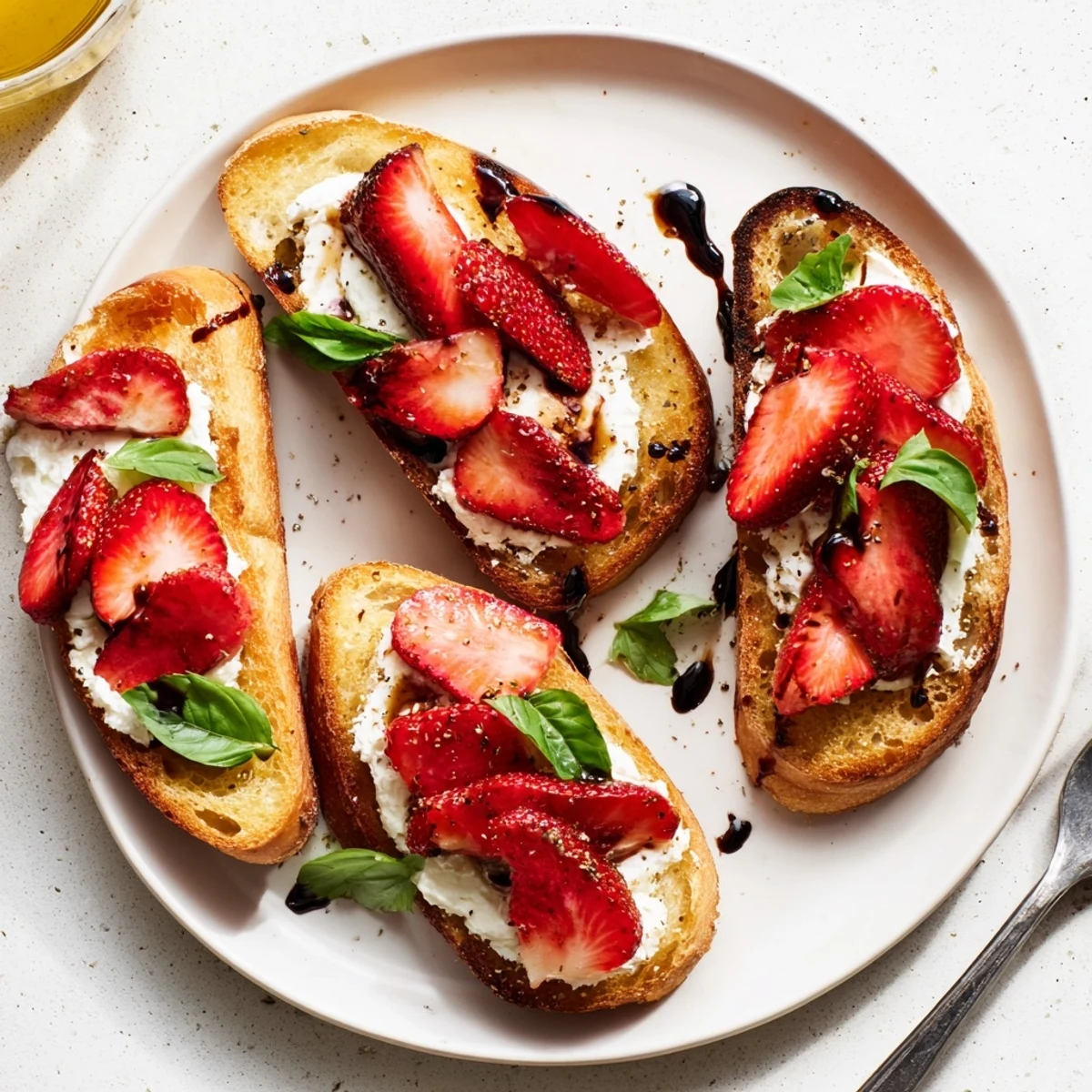 Crisp Strawberry Ricotta Bruschetta served immediately as elegant appetizer with basil.