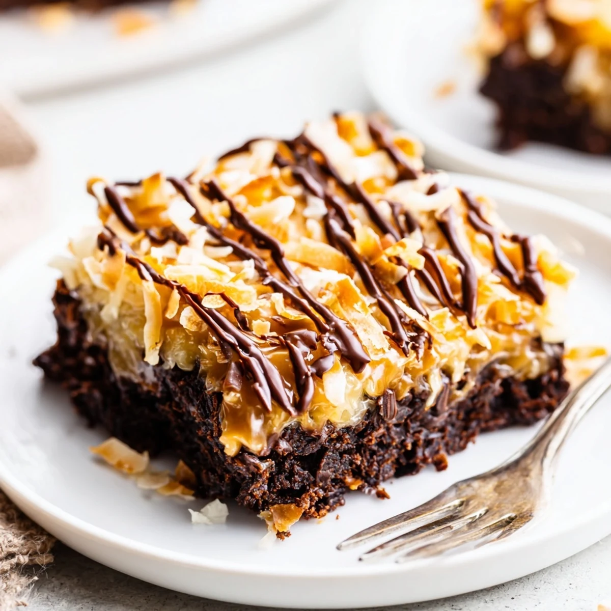 Samoa Brownies topped with molten caramel, toasted coconut, and glossy chocolate drizzle