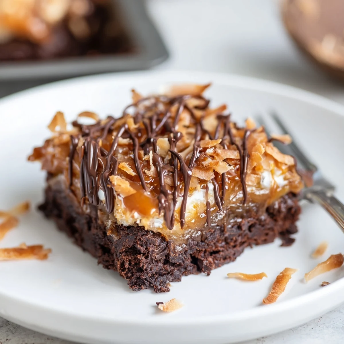 Warm Samoa Brownies cooling on parchment, gooey caramel and crisp coconut edges