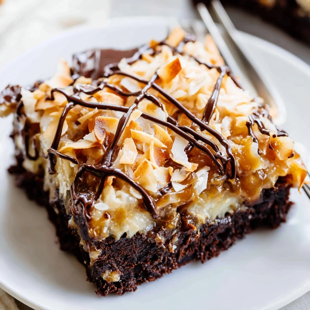 Plate of cut Samoa Brownies served with a sprinkle of sea salt