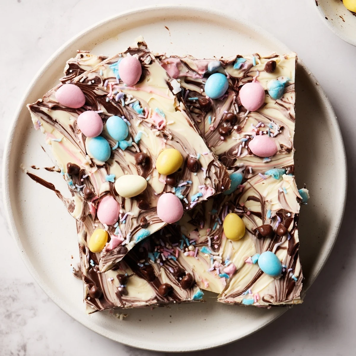 Chunk of Robin Egg Easter Bark on parchment, crunchy candy shells and sprinkles
