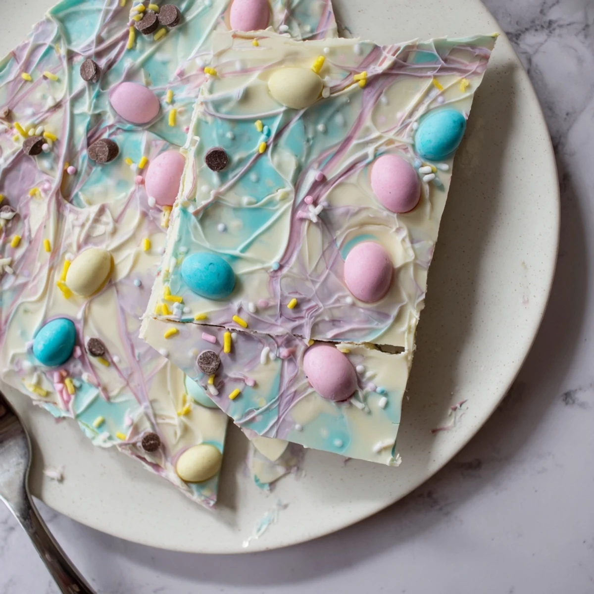 Robin Egg Easter Bark with glossy swirls, pastel candies scattered for serving