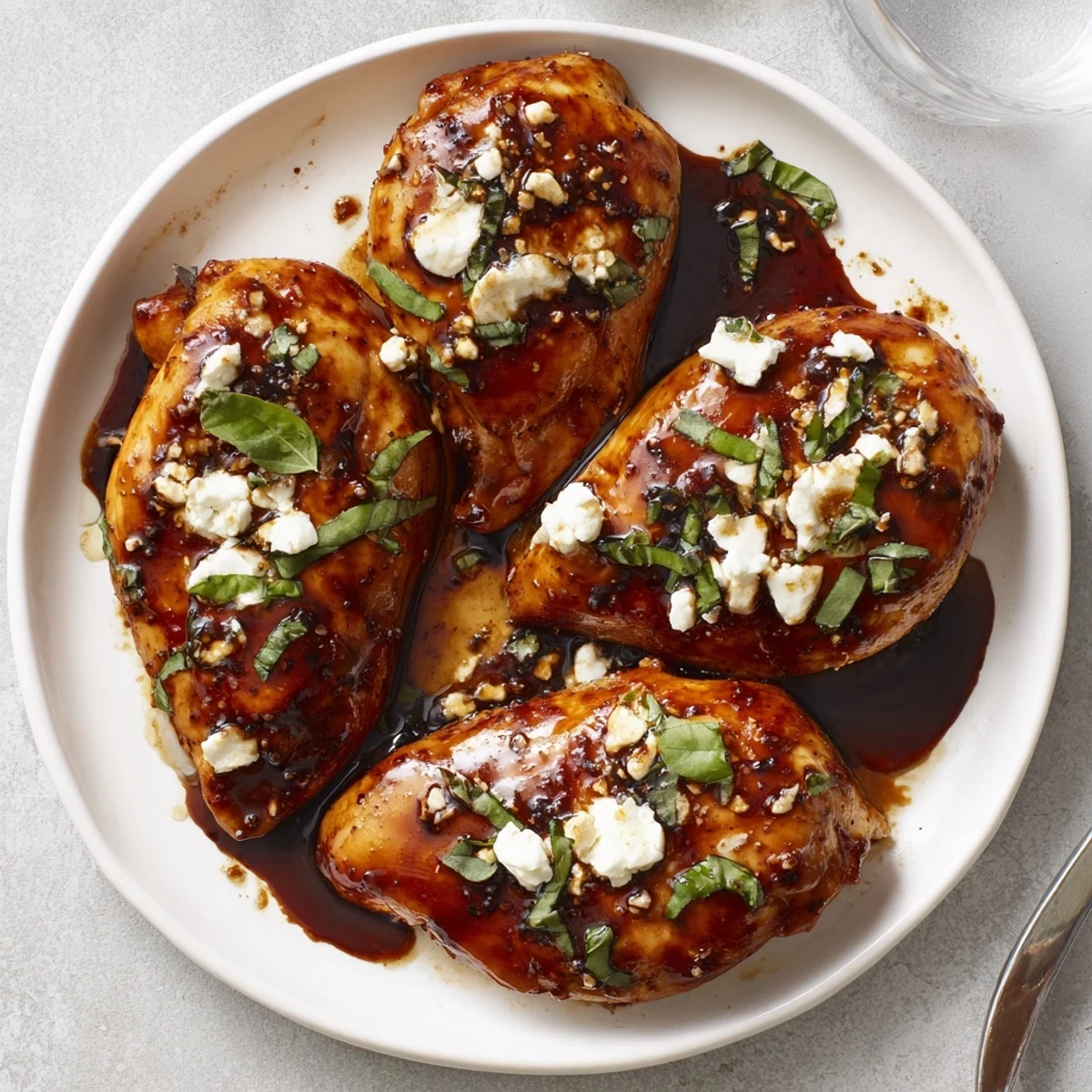 Oven-baked Sweet Tangy Balsamic Chicken with Goat Cheese & Basil, sauce spooned.