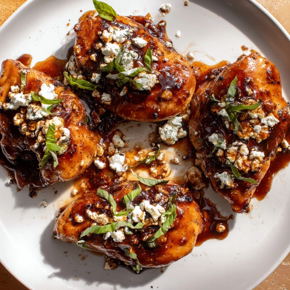 Family-style Sweet Tangy Balsamic Chicken with Goat Cheese & Basil, tangy glaze shimmering.