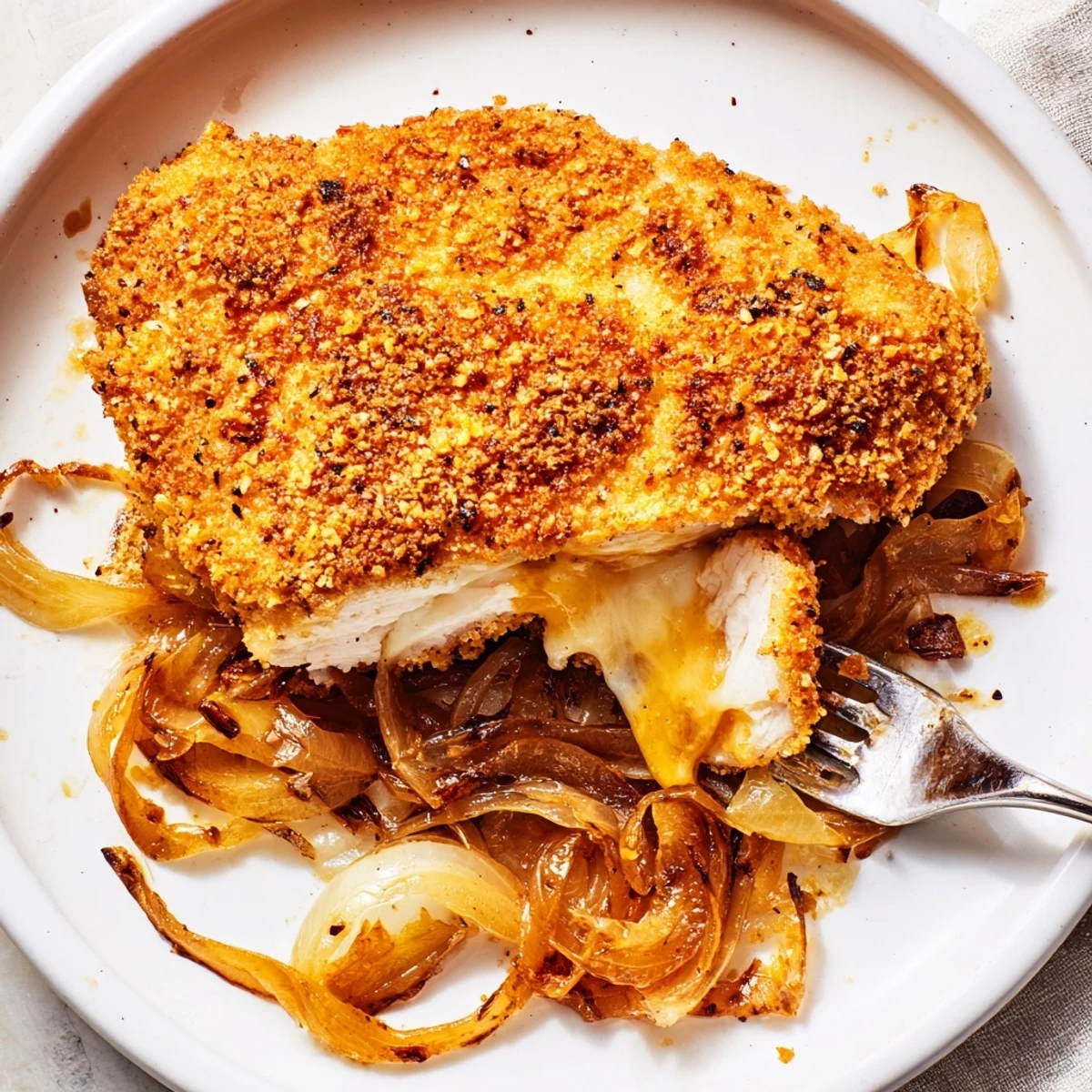 Crispy Chicken Caramelized Onions Melted Cheese on baking sheet, bubbly golden crust