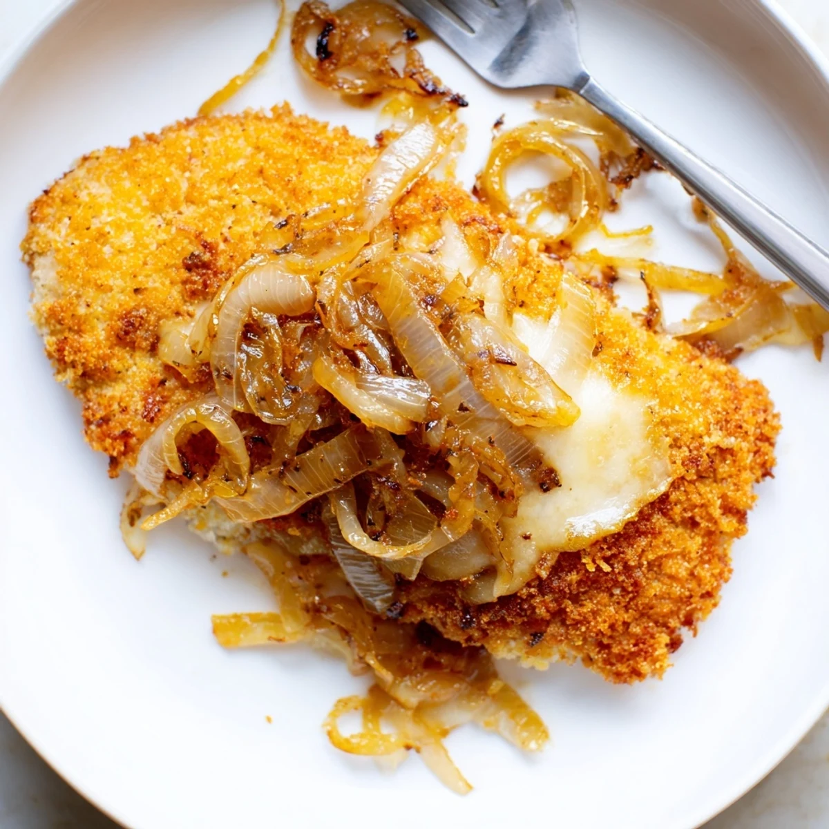 Sliced Crispy Chicken Caramelized Onions Melted Cheese served with fresh parsley garnish