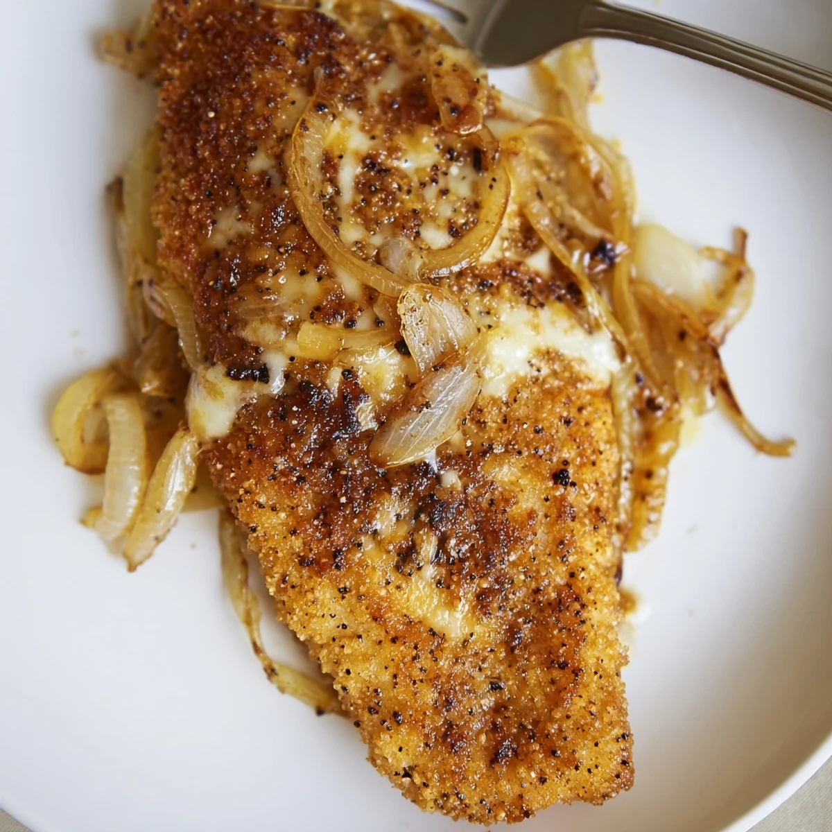 Pan-seared Crispy Chicken Caramelized Onions Melted Cheese oozing, ideal with green salad