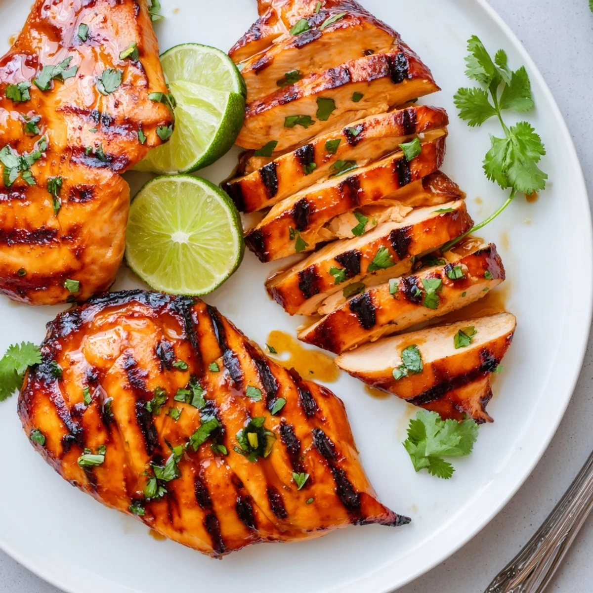 Key West Grilled Chicken With Tropical Citrus Marinade sizzling, charred edges, lime wedges