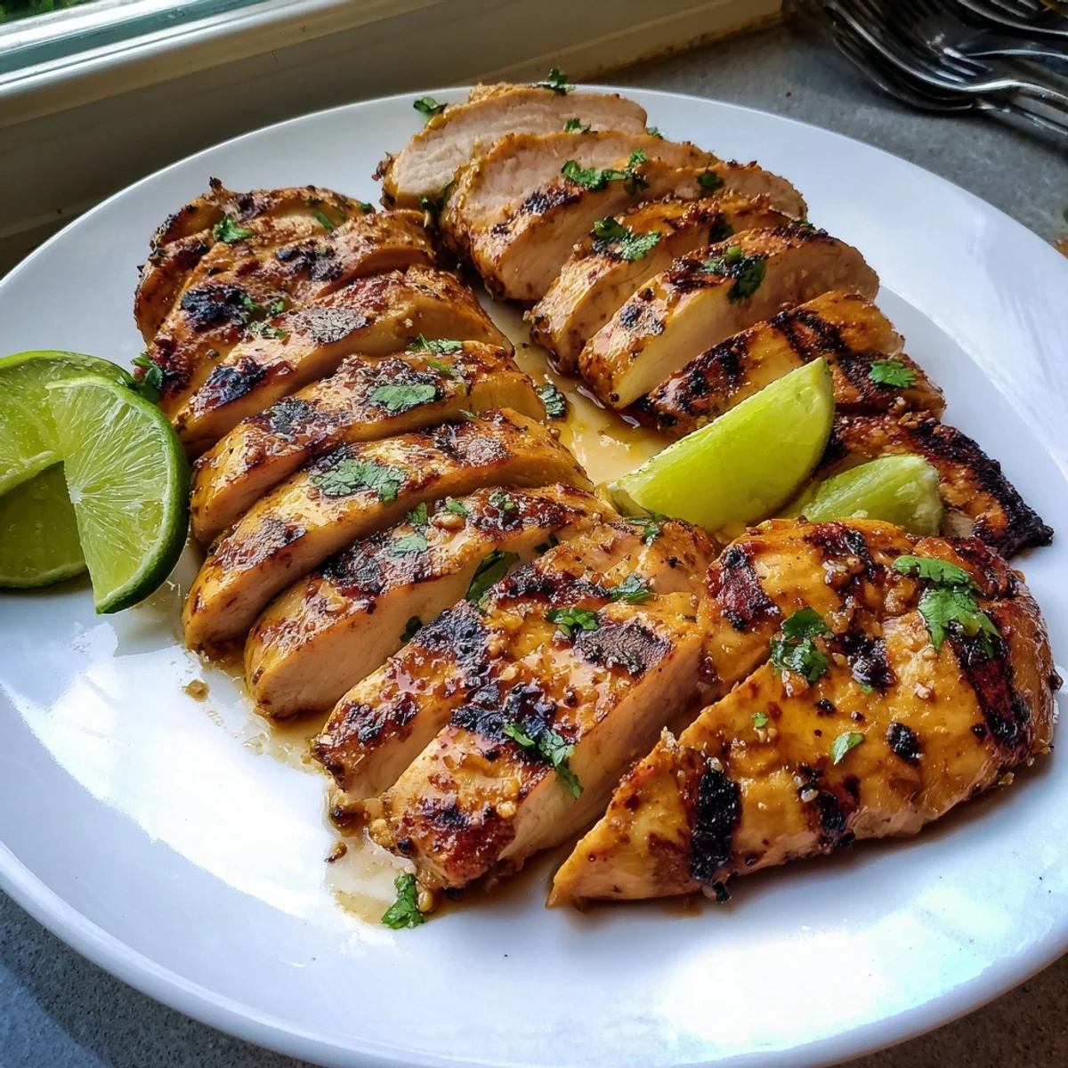 Tender Key West Grilled Chicken With Tropical Citrus Marinade resting, bright cilantro garnish