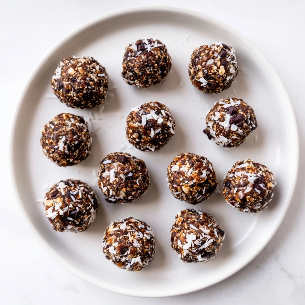 Chewy date energy balls with chocolate chips ready for healthy snacking