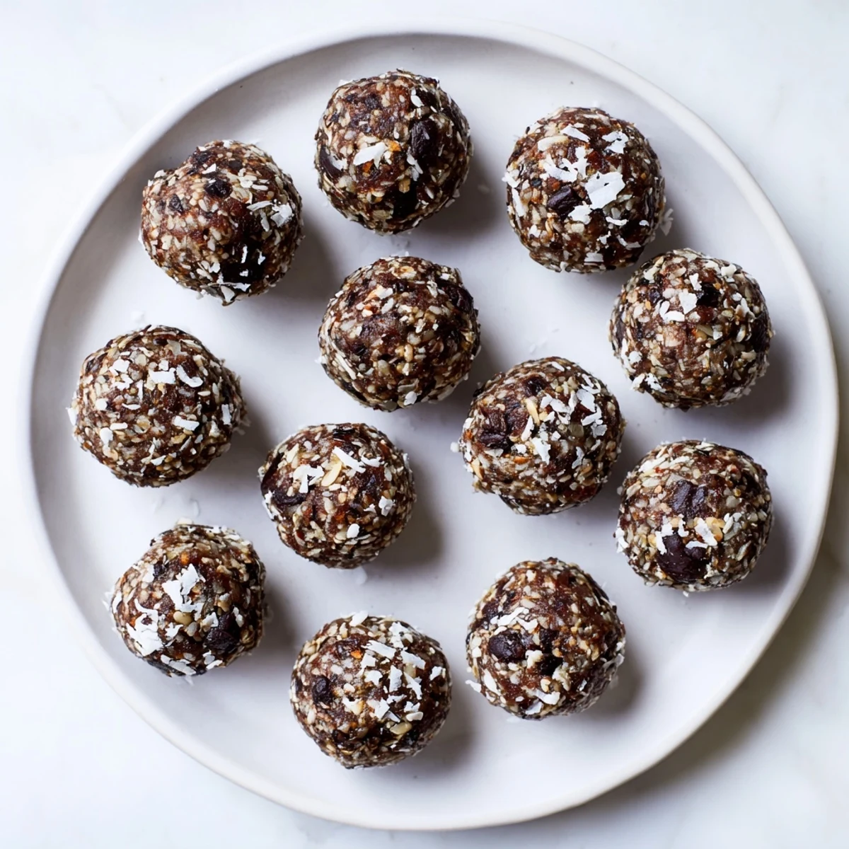 Bite-sized date energy balls arranged on wooden board for meal prep
