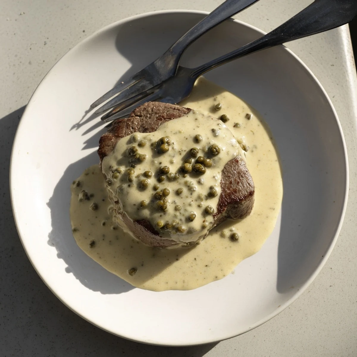 Juicy seared steak drizzled with rich creamy green peppercorn sauce on a white plate
