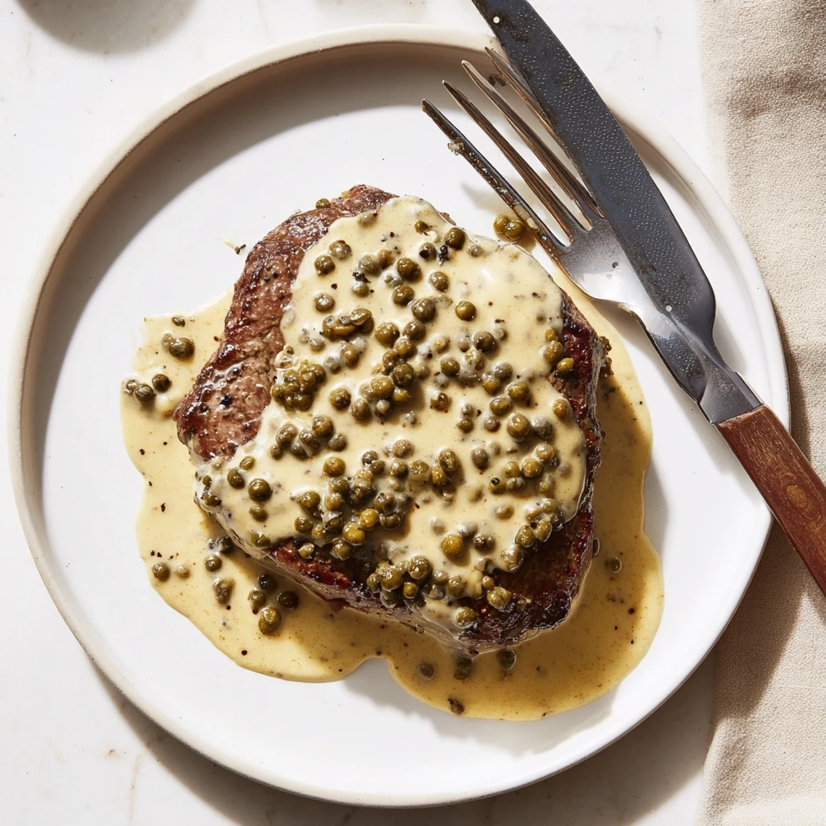 Sliced filet mignon topped with luscious peppercorn sauce garnished with fresh green herbs