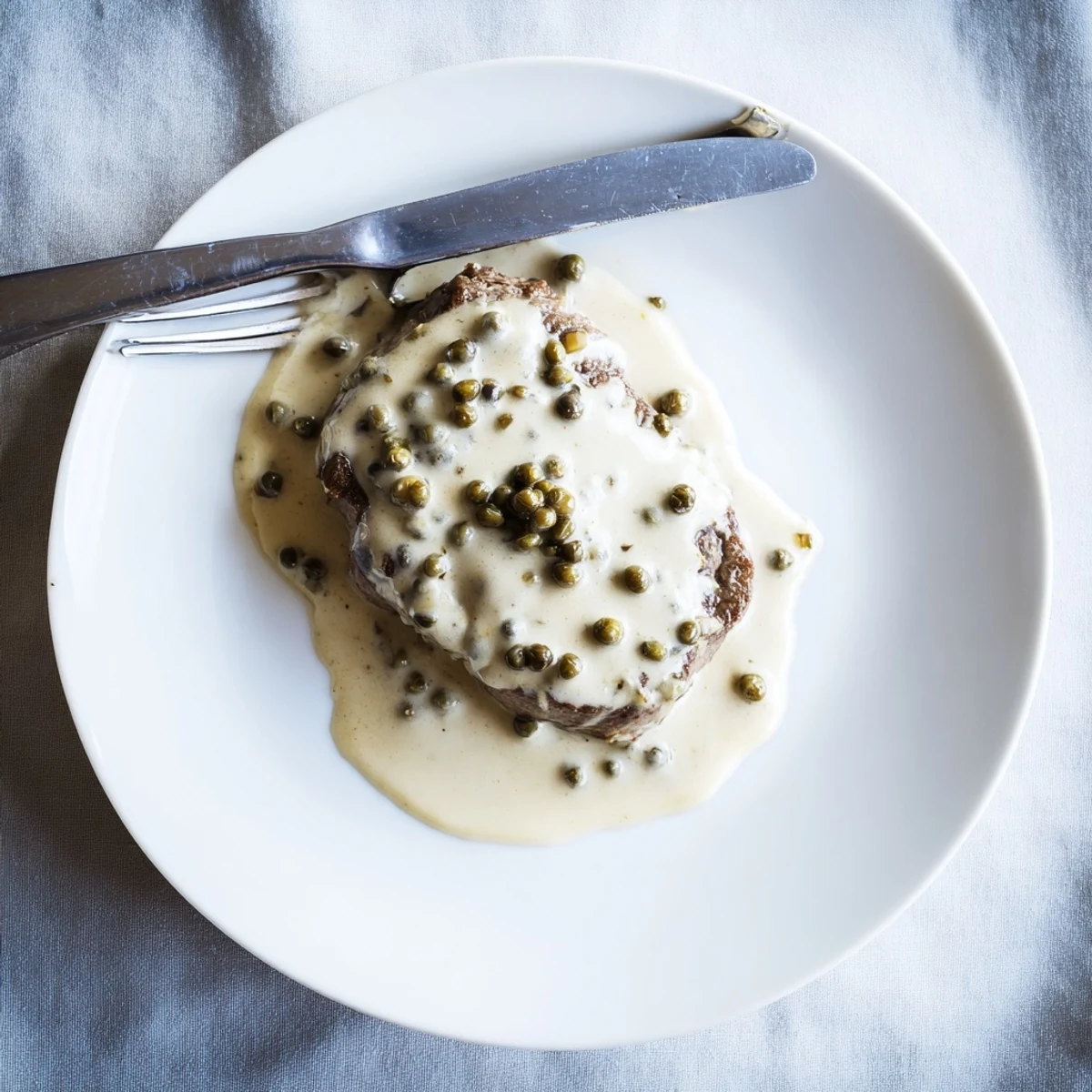 Perfectly cooked medium-rare beef steak smothered in velvety French cream sauce with crushed peppercorns