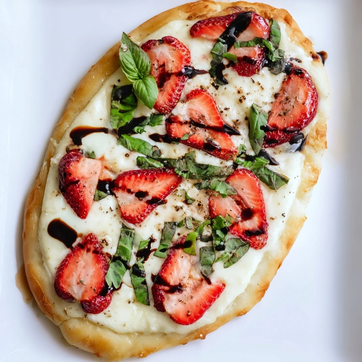 Golden Strawberry Brie Flatbread with melted cheese and fresh basil on crispy crust