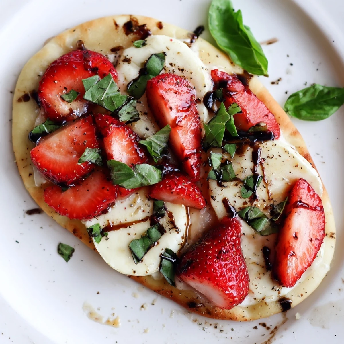 Fresh strawberry slices atop melted Brie cheese drizzled with honey and balsamic glaze