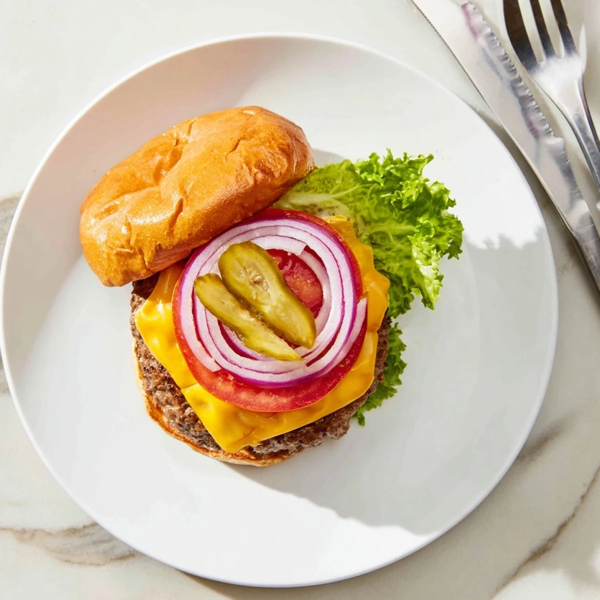 Golden cheesy smash burgers with crispy edges on toasted buns topped with fresh vegetables