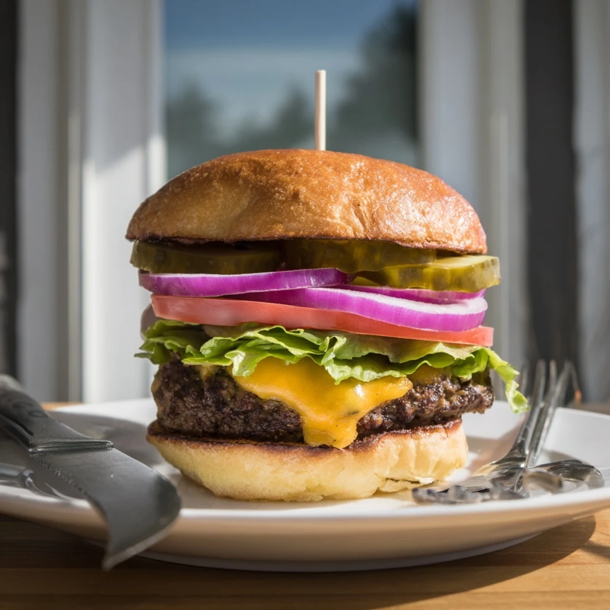 Crispy-edged cheesy smash burgers piled high with lettuce pickles and sliced red onion
