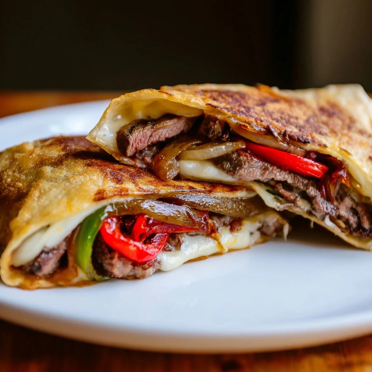 Golden crispy steak cheese tortilla melts sliced open revealing juicy seasoned beef and melted cheddar mozzarella blend