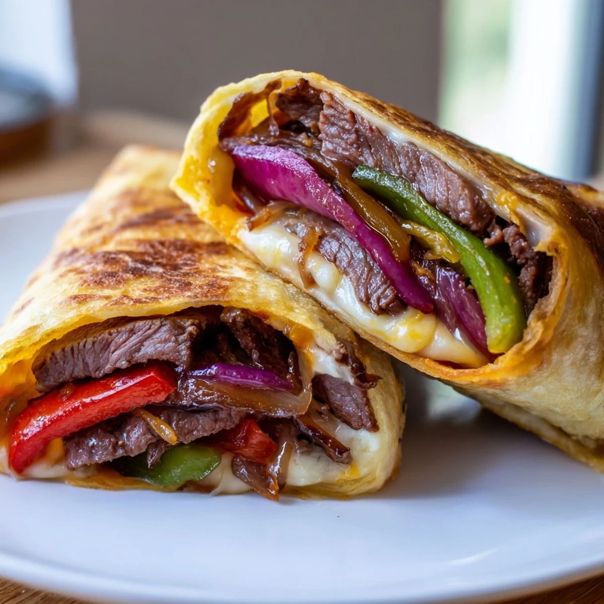 Handheld crispy steak cheese tortilla melts stacked on serving platter garnished with fresh cilantro and salsa