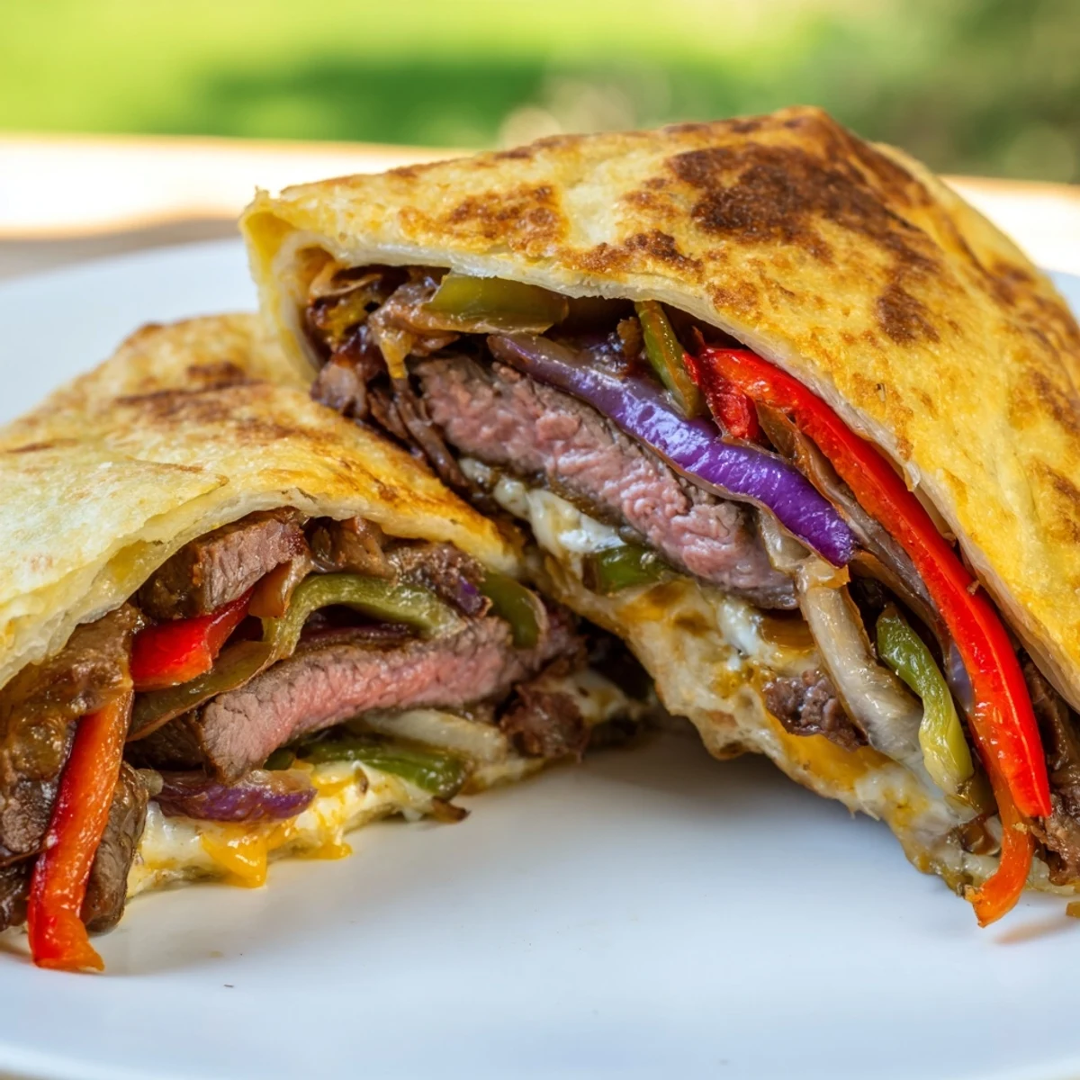 Pan-fried steak cheese tortilla melts showcasing golden tortilla with oozing melted cheese and colorful sautéed peppers