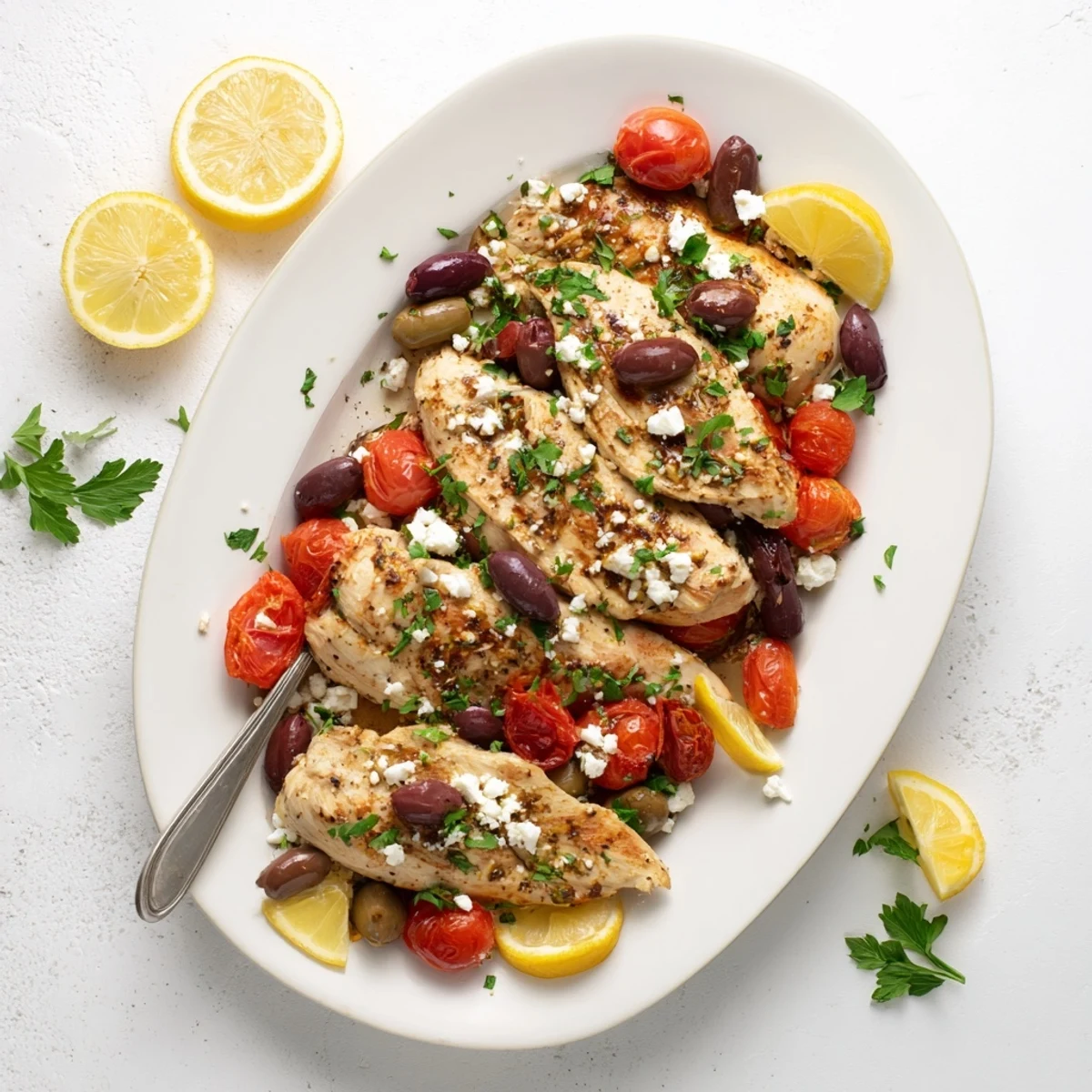 Golden baked Greek chicken with lemon and feta garnished with fresh parsley and cherry tomatoes
